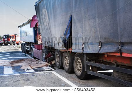 The Collision Of Two Trucks In Latvia, On The A8 Road, Occurred On August 23, 2018