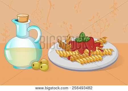 Pasta And Olive Oil Concept Background. Cartoon Illustration Of Pasta And Olive Oil Vector Concept B