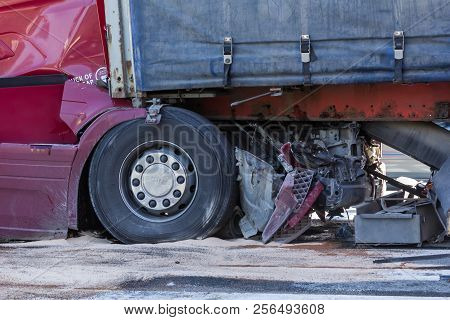 The Collision Of Two Trucks In Latvia, On The A8 Road, Occurred On August 23, 2018