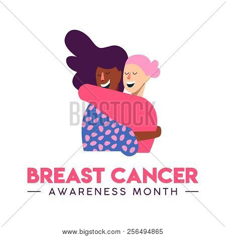 Breast Cancer Awareness Month Concept Illustration Of Two Girl Friends Hugging Together For Love And