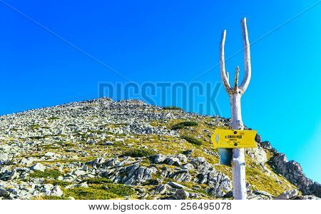 Bansko, Bulgaria - September 2, 2018: Sinanishko Lake Pointer Signboard, National Park.