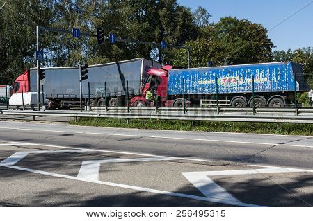 The Collision Of Two Trucks In Latvia, On The A8 Road, Occurred On August 23, 2018