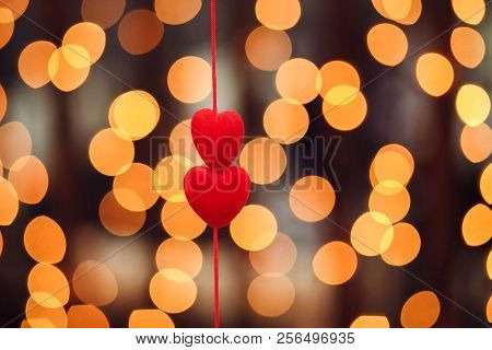 Two Red Hearts, Close-up Bokeh Evening Calm Tender Background For Lovers