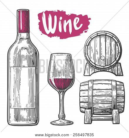 Wine Set. Bottle, Glass, Corkscrew, Barrel. Black Vintage Engraved Vector Illustration Isolated On W