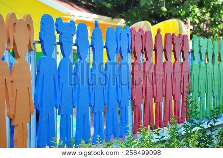 Colored Wooden Children, Symbol Of Peace, Art Object In The Park.