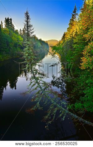 Hdr Image Taken At Sunrise From A Remote Suspension Bridge Over The Willow River In Pukaskwa Nationa