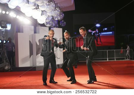 Sofiane Zermani, Reda Kateb, Matthias Schoenaerts walk the red carpet ahead of the 'Close Enemies' screening duringon September 1, 2018 in Venice, Italy.  the 75th Venice Festival at Sala Grande  