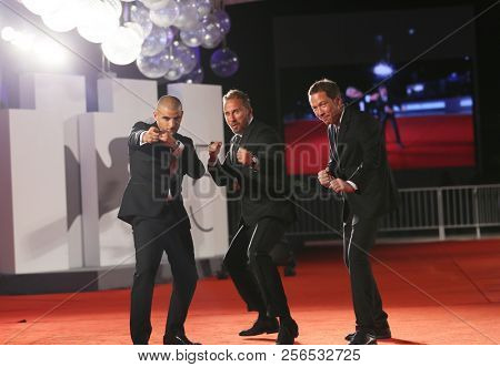 Sofiane Zermani, Reda Kateb, Matthias Schoenaerts walk the red carpet ahead of the 'Close Enemies' screening duringon September 1, 2018 in Venice, Italy.  the 75th Venice Festival at Sala Grande  