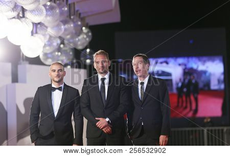 Sofiane Zermani, Reda Kateb, Matthias Schoenaerts walk the red carpet ahead of the 'Close Enemies' screening duringon September 1, 2018 in Venice, Italy.  the 75th Venice Festival at Sala Grande  