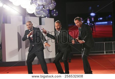 Sofiane Zermani, Reda Kateb, Matthias Schoenaerts walk the red carpet ahead of the 'Close Enemies' screening duringon September 1, 2018 in Venice, Italy.  the 75th Venice Festival at Sala Grande  