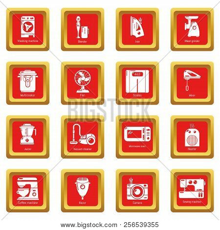 Domestic Appliances Icons Set Red Square Isolated On White Background