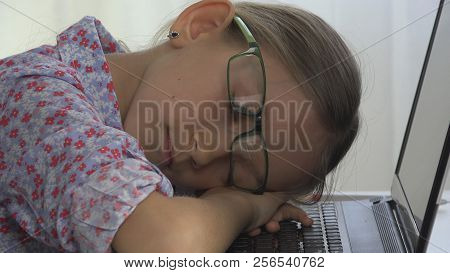 Eyeglasses Child Sleeping On Laptop, Notebook, Shortsighted Girl At Desk