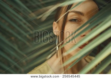 Close-up Woman Looking Through Palm Leaves, Focus On Eye And Eye