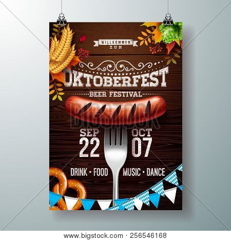 Oktoberfest Poster Illustration With Typography Letter, Pretzel, Sausage And Autumn Leaves On Wood T