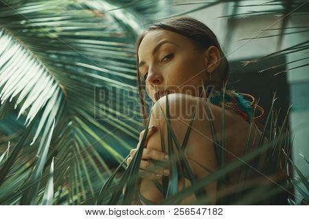 Portrait Exotic Woman Among Tropical Plants, Fashion, Beauty, Co