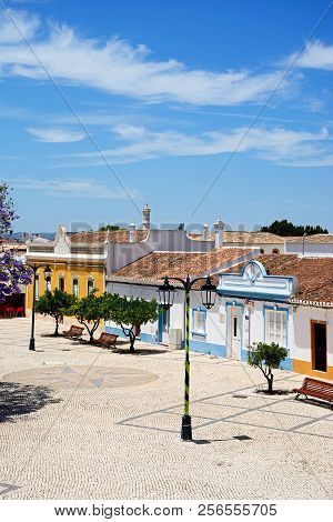 Castro Marim, Portugal - June 11, 2017 - Traditional Portuguese Buildings In The 1st May Square (pra