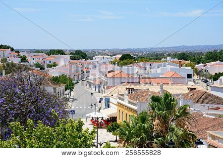 Castro Marim, Portugal - June 11, 2017 - Elevated View Over The Town Rooftops With The 1st May Squar
