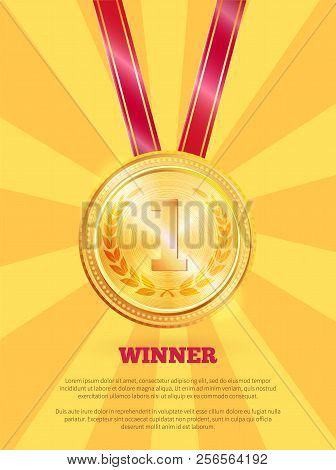 Winner Poster, Text Sample, Champion Banner With Medal Number One, Laurel Leaves, Headline And Infor