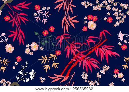 Seamless Vector Pattern With Bambo And Flowers Inspired By Oriental Art. On Contrast Background.
