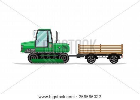 Heavy Caterpillar Tractor With Trailer Isolated Icon. Agricultural Machinery For Field Work Illustra