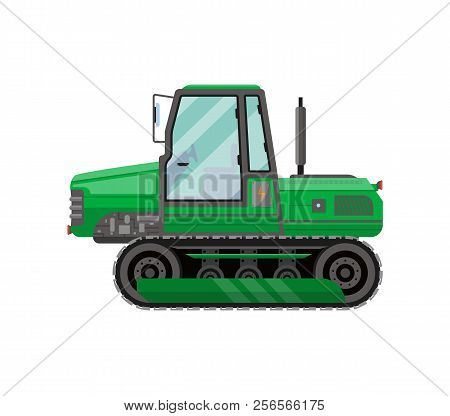 Green Caterpillar Tractor Isolated Icon. Agricultural Machinery For Field Work Illustration. Rural I