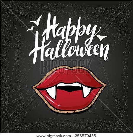 Vector Illustration With Vampire Mouth Open Red Sexy Lips And Long Teeth