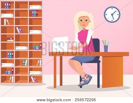 Woman Typing On Laptop Sitting At Table Vector Illustration Female Office Worker Sitting On Table Ne