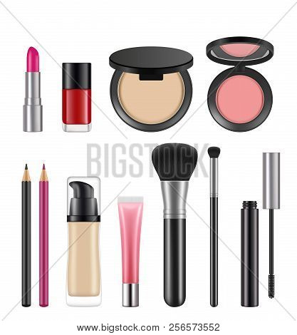 Cosmetics For Women. Vector Pictures Of Various Cosmetics Packages. Illustration Of Make Up, Foundat