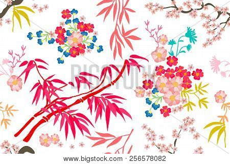 Seamless Vector Pattern With Bambo And Flowers Inspired By Oriental Art. On Contrast Background.
