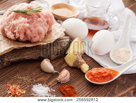 Ingredients For Chili Chicken Meatballs With Ginger Sauce. Minced Meat, Egg, Ginger, Spices, Chili P