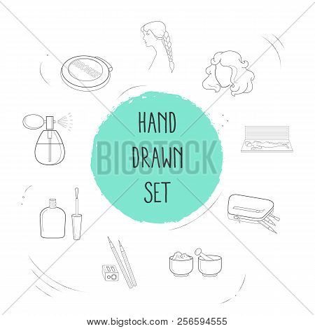 Set Of Fashion Icons Line Style Symbols With Solarium, Bronzer, Eye Pen And Other Icons For Your Web