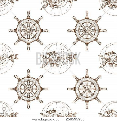 Seamless Pattern For Design Surface Piranha And Goldfish.