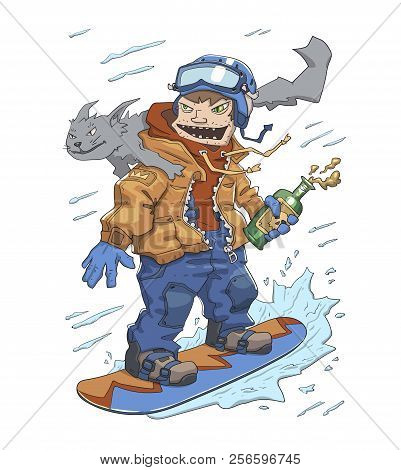 Funny Guy With A Bottle Of Booze And A Cat On His Shoulder Riding On A Snowboard. Monster Of Snowboa