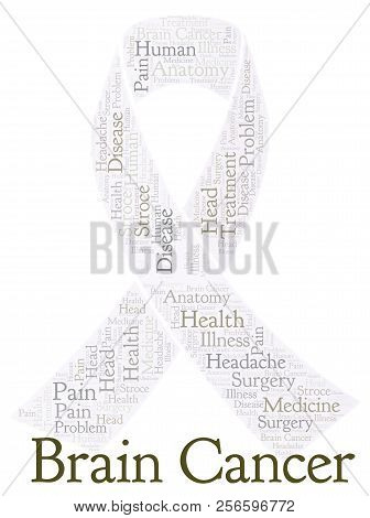 Brain Cancer With Ribbon Word Cloud. Wordcloud Made With Text Only.