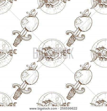 Seamless Pattern For Design Surface Piranha And Goldfish.