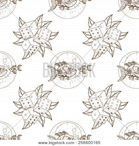Seamless Pattern For Design Surface Piranha And Goldfish.