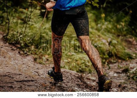 Back Man Runner In Mud Running On Autumn Trail In Forest