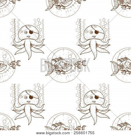 Seamless Pattern For Design Surface Piranha And Goldfish.