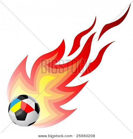 Футбольный мяч с огнем, изолированные на белом фоне. Мяч на флаги Украины и Польши. Векто