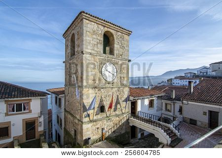 Lastres, Asturias, Spain: January 2016: Old Stone Architecture And Tower Clock  In Lastres, Sailor C