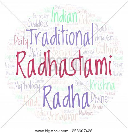 Radhastami In Circle Shape Word Cloud. Wordcloud Made From Letters And Words Only.