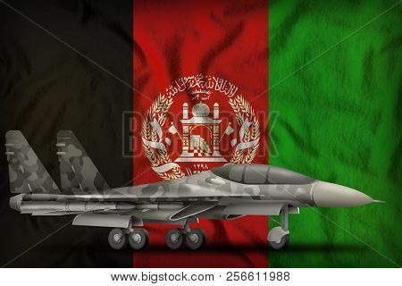 Fighter, Interceptor With City Camouflage On The Afghanistan Flag Background. 3d Illustration