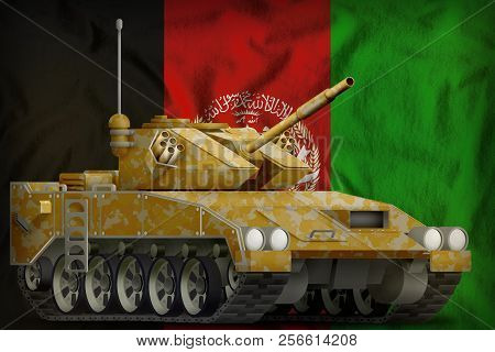 Light Tank Apc With Desert Camouflage On The Afghanistan Flag Background. 3d Illustration