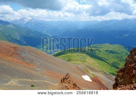 Hiking Trail Leading From Koruldi Lakes To Mount Ushba Glacier In Caucasus Mountains, Upper Svaneti 