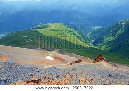 Hiking Trail Leading From Koruldi Lakes To Mount Ushba Glacier In Caucasus Mountains, Upper Svaneti 
