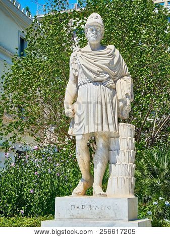 Athens, Greece - July 2, 2018. Statue Of Pericles At The Athinas Street Of Athens. Attica Region, Gr