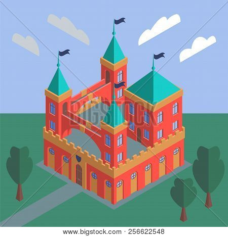 Illustration Of A Fairytale Medieval Castle Against A Summer Landscape