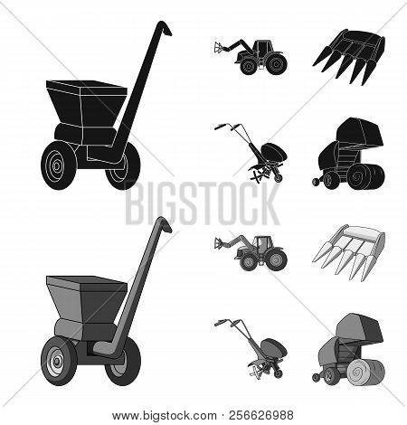 Motoblock And Other Agricultural Devices. Agricultural Machinery Set Collection Icons In Black, Mono