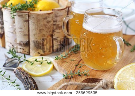 Light Lemon Sour Beer And Citrus, Two Beer Mug