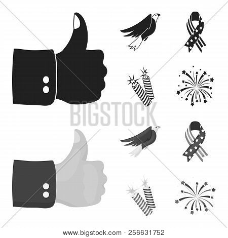 American Eagle, Ribbon, Salute. The Patriot S Day Set Collection Icons In Black, Monochrome Style Ve